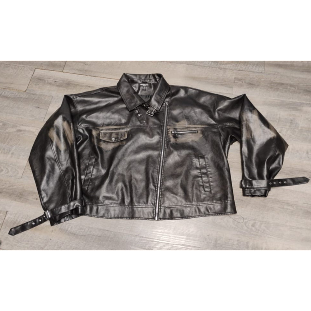 PrettyLittleThing plus black leather distressed jacket Size 24 hanghot NH3305